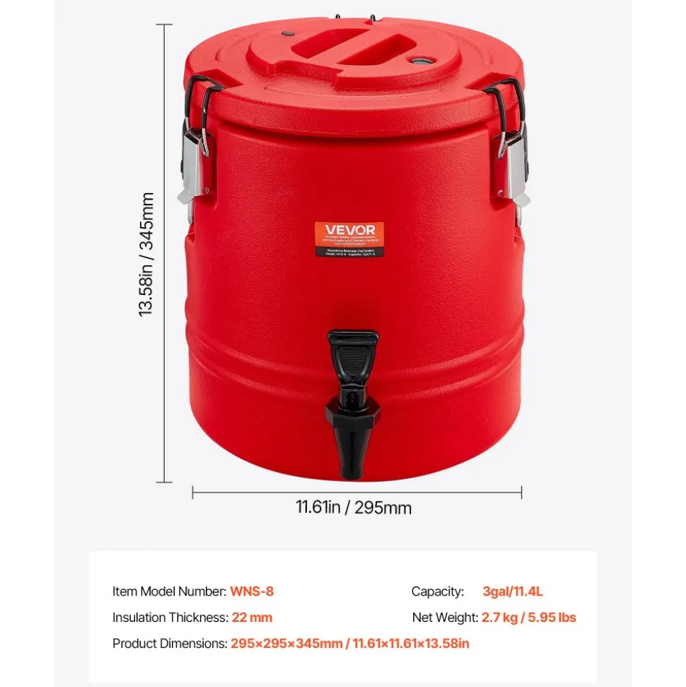 VEVOR Insulated Beverage Dispenser, 3 Gal/11.4L Thermal Hot and Cold Drink Server Dispenser with Spigot, Food-Grade Cooler Jug with 304 Stainless Steel Interior, for Tea Coffee Restaurant Outdoor