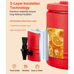 VEVOR Insulated Beverage Dispenser, 2.2 Gal/8L Thermal Hot and Cold Drink Server Dispenser with Spigot, Food-Grade Cooler Jug with 304 Stainless Steel Interior, for Tea Coffee Restaurant Outdoor