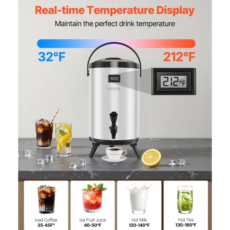 VEVOR Insulated Beverage Dispenser, 3.2 Gal/12L Stainless Steel Thermal Drink Server with Spigot & Temp Display, Suitable for Hot and Cold Drinks, for Tea Coffee Water in Cafes & Restaurants, 2 Pack
