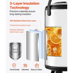 VEVOR Insulated Beverage Dispenser, 3.2 Gal/12L Stainless Steel Thermal Drink Server with Spigot & Temp Display, Suitable for Hot and Cold Drinks, for Tea Coffee Water in Cafes & Restaurants, 2 Pack