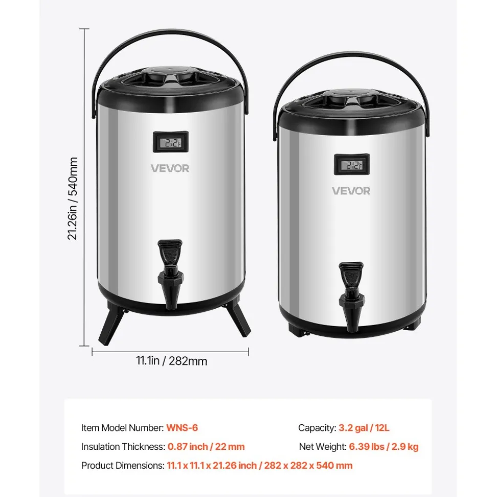 VEVOR Insulated Beverage Dispenser, 3.2 Gal/12L Stainless Steel Thermal Drink Server with Spigot & Temp Display, Suitable for Hot and Cold Drinks, for Tea Coffee Water in Cafes & Restaurants, 2 Pack