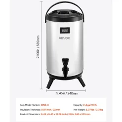 VEVOR Insulated Beverage Dispenser, 1.5 Gal/6L Stainless Steel Thermal Drink Server with Spigot & Temp Display, Suitable for Hot and Cold Drinks, for Tea Coffee Water in Cafes & Restaurants, Silver