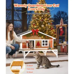 VEVOR Insulated Cat House, All-Around Foam Insulation Elevated Cat Shelter, Wooden Feral Kitty Shelter with Large Platform, Waterproof Cats Condos for Indoor & Outdoor Cats in Winter 43.5x33.5x31 in