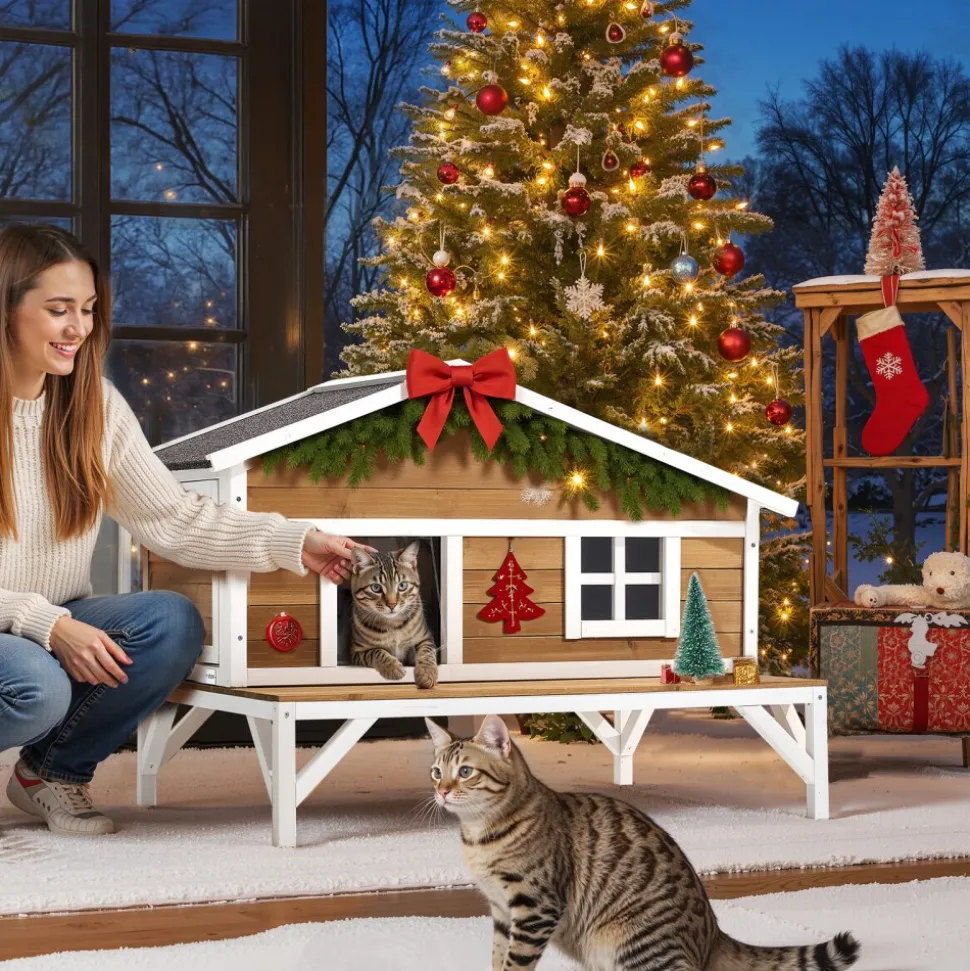 VEVOR Insulated Cat House, All-Around Foam Insulation Elevated Cat Shelter, Wooden Feral Kitty Shelter with Large Platform, Waterproof Cats Condos for Indoor & Outdoor Cats in Winter 43.5x33.5x31 in