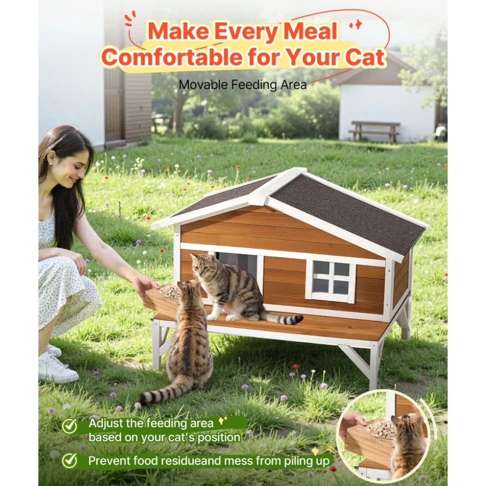 VEVOR Insulated Cat House, All-Around Foam Insulation Elevated Cat Shelter, Wooden Feral Kitty Shelter with Large Platform, Waterproof Cats Condos for Indoor & Outdoor Cats in Winter 43.5x33.5x31 in