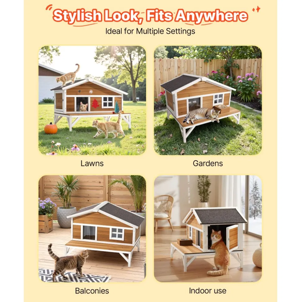 VEVOR Insulated Cat House, All-Around Foam Insulation Elevated Cat Shelter, Wooden Feral Kitty Shelter with Large Platform, Waterproof Cats Condos for Indoor & Outdoor Cats in Winter 43.5x33.5x31 in