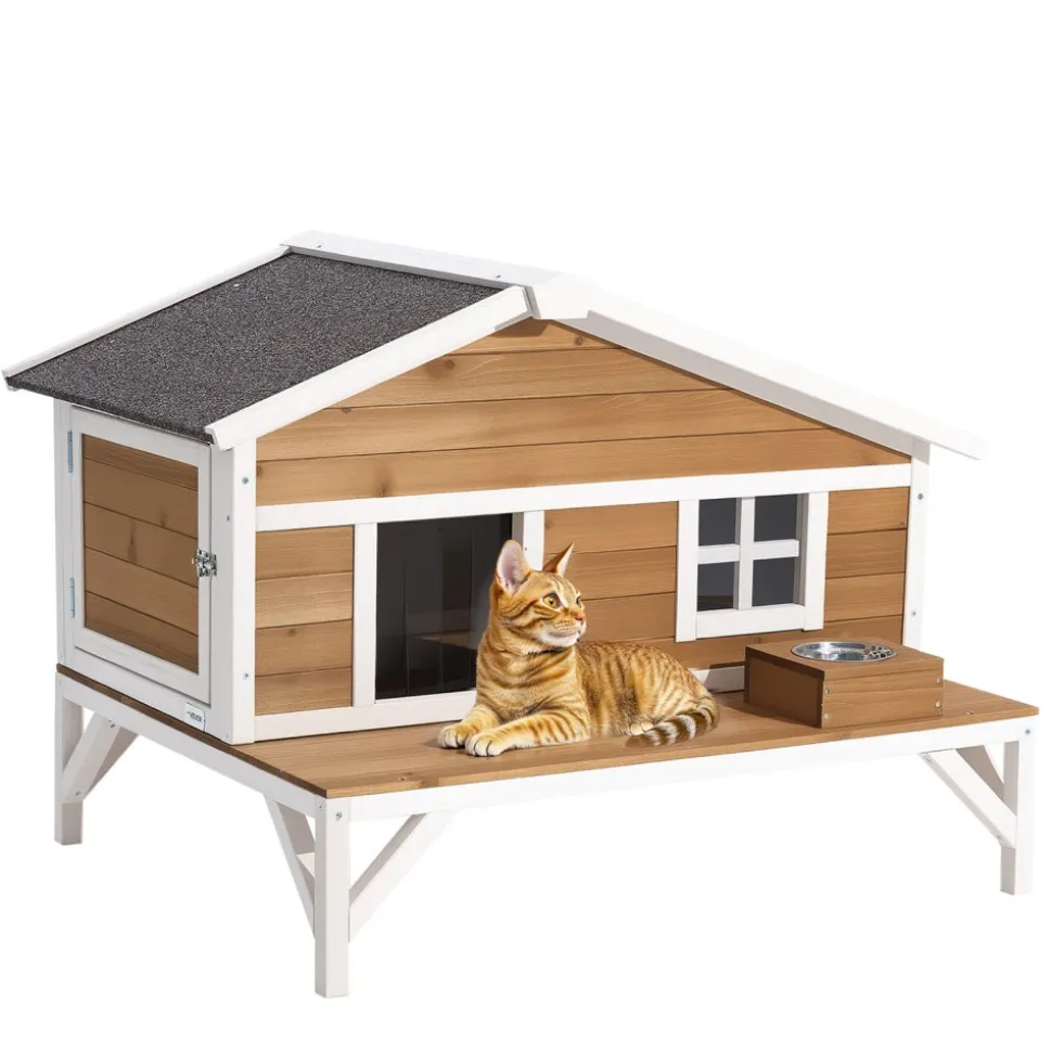 VEVOR Insulated Cat House, All-Around Foam Insulation Elevated Cat Shelter, Wooden Feral Kitty Shelter with Large Platform, Waterproof Cats Condos for Indoor & Outdoor Cats in Winter 43.5x33.5x31 in