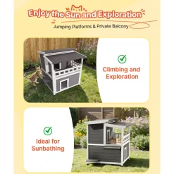 VEVOR Insulated Cat House, 2-Story Wooden Cat Shelter, Foam Insulation, Feral Kitty Shelter with Balcony, Waterproof Cats Condos for Indoor & Outdoor 1-3 Cats in Winter 33 x 29.5 x 32 in