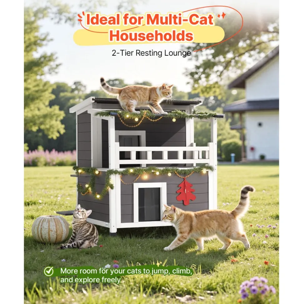 VEVOR Insulated Cat House, 2-Story Wooden Cat Shelter, Foam Insulation, Feral Kitty Shelter with Balcony, Waterproof Cats Condos for Indoor & Outdoor 1-3 Cats in Winter 33 x 29.5 x 32 in