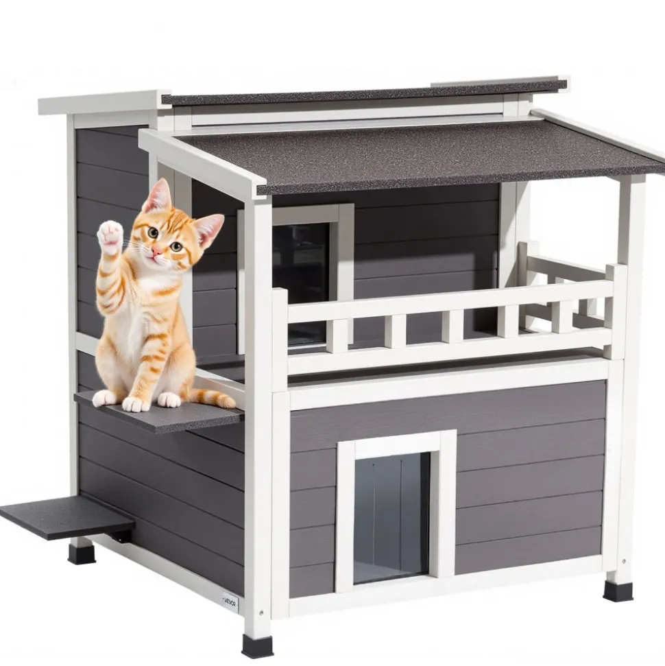 VEVOR Insulated Cat House, 2-Story Wooden Cat Shelter, Foam Insulation, Feral Kitty Shelter with Balcony, Waterproof Cats Condos for Indoor & Outdoor 1-3 Cats in Winter 33 x 29.5 x 32 in