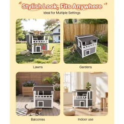 VEVOR Insulated Cat House, 2-Story Wooden Cat Shelter, Foam Insulation, Feral Kitty Shelter with Balcony, Waterproof Cats Condos for Indoor & Outdoor 1-3 Cats in Winter 33 x 29.5 x 32 in