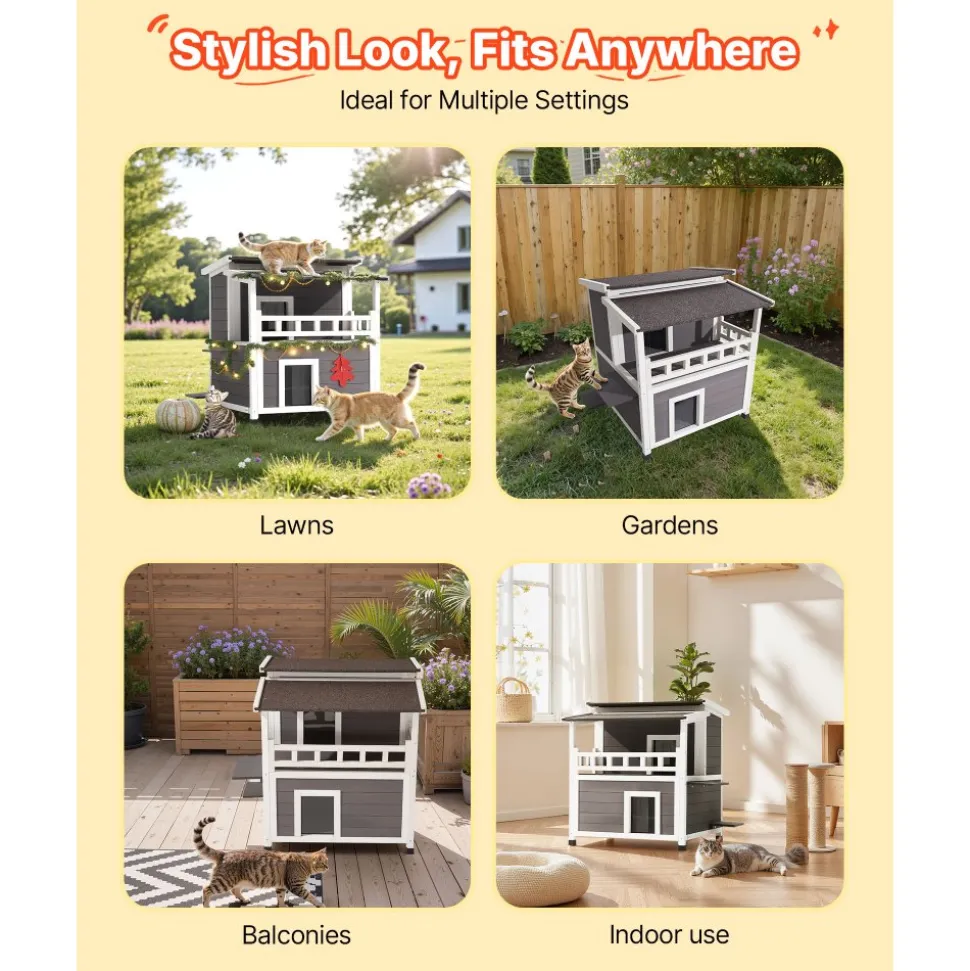 VEVOR Insulated Cat House, 2-Story Wooden Cat Shelter, Foam Insulation, Feral Kitty Shelter with Balcony, Waterproof Cats Condos for Indoor & Outdoor 1-3 Cats in Winter 33 x 29.5 x 32 in