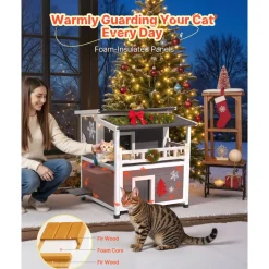 VEVOR Insulated Cat House, 2-Story Wooden Cat Shelter, Foam Insulation, Feral Kitty Shelter with Balcony, Waterproof Cats Condos for Indoor & Outdoor 1-3 Cats in Winter 33 x 29.5 x 32 in