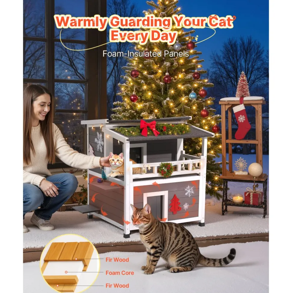 VEVOR Insulated Cat House, 2-Story Wooden Cat Shelter, Foam Insulation, Feral Kitty Shelter with Balcony, Waterproof Cats Condos for Indoor & Outdoor 1-3 Cats in Winter 33 x 29.5 x 32 in