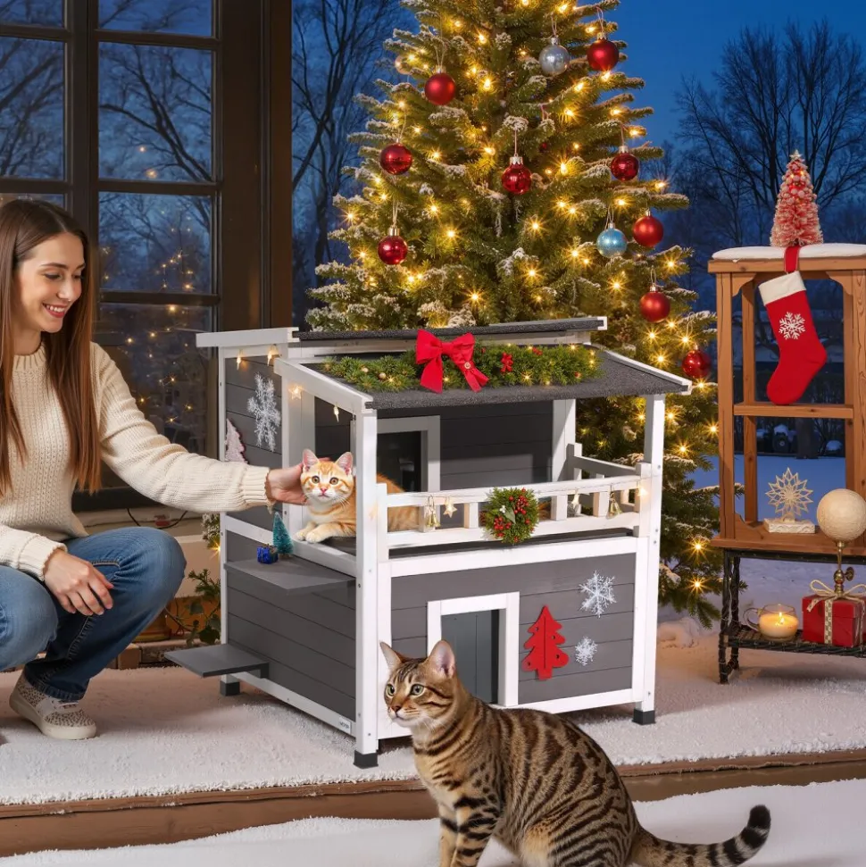 VEVOR Insulated Cat House, 2-Story Wooden Cat Shelter, Foam Insulation, Feral Kitty Shelter with Balcony, Waterproof Cats Condos for Indoor & Outdoor 1-3 Cats in Winter 33 x 29.5 x 32 in