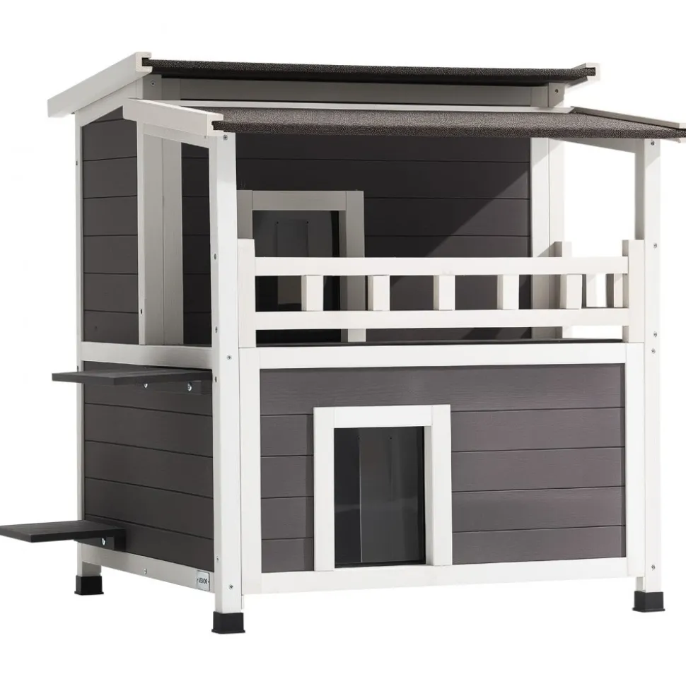 VEVOR Insulated Cat House, 2-Story Wooden Cat Shelter, Foam Insulation, Feral Kitty Shelter with Balcony, Waterproof Cats Condos for Indoor & Outdoor 1-3 Cats in Winter 33 x 29.5 x 32 in