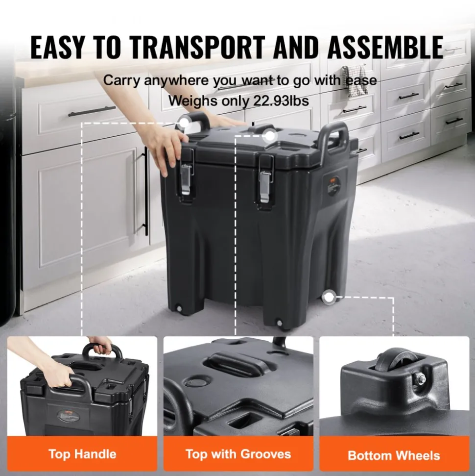 VEVOR Insulated Food Carrier, 32Qt Capacity, Stackable Catering Hot Box with Stainless Steel Barrel, Top Load LLDPE Food Warmer with Integral Handles Buckles Stationary Base, for Restaurant Canteen, B