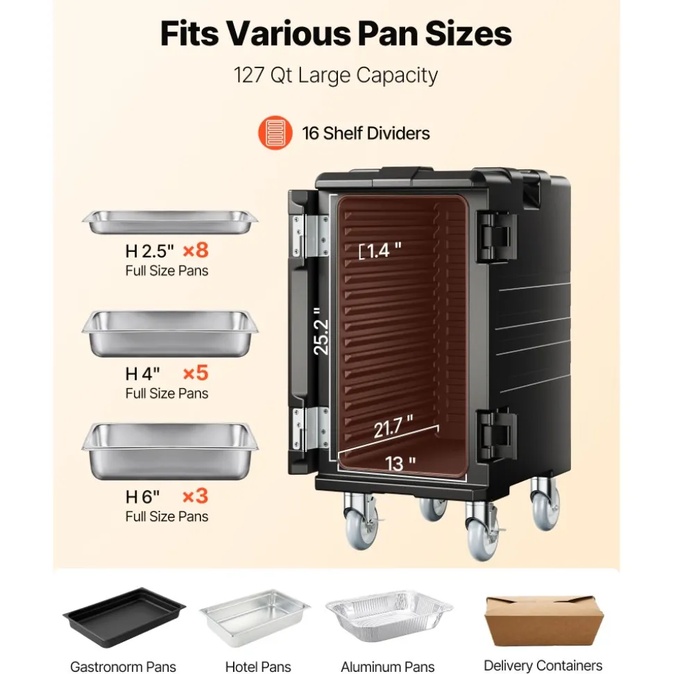 VEVOR Insulated Food Pan Carrier, 127 Qt Non-Electrical Food Warmer, with Swivel Wheel & 304 Stainless Steel Latch, LLDPE Stackable Hot Box, for Various Pan Sizes(NOT Included), Fit Catering BBQ Event