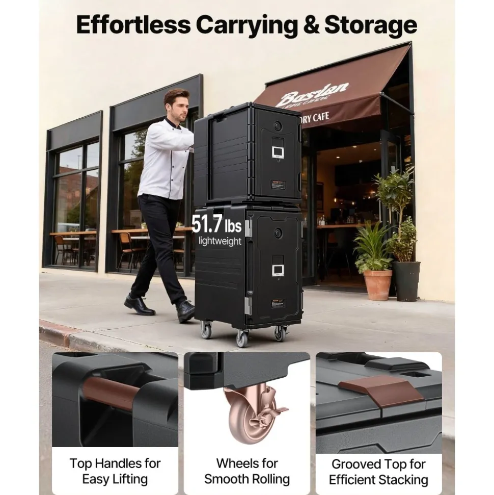 VEVOR Insulated Food Pan Carrier, 127 Qt Non-Electrical Food Warmer, with Swivel Wheel & 304 Stainless Steel Latch, LLDPE Stackable Hot Box, for Various Pan Sizes(NOT Included), Fit Catering BBQ Event