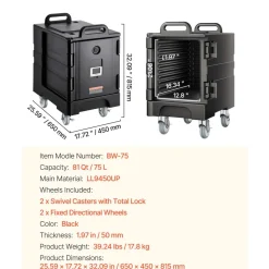 VEVOR Insulated Food Pan Carrier, 81 Qt Hot Box for Catering, Food Box Carrier with Double Buckles, Front Loading Food Warmer with Handles, Stackable End Loader with Wheels for Restaurant, Canteen