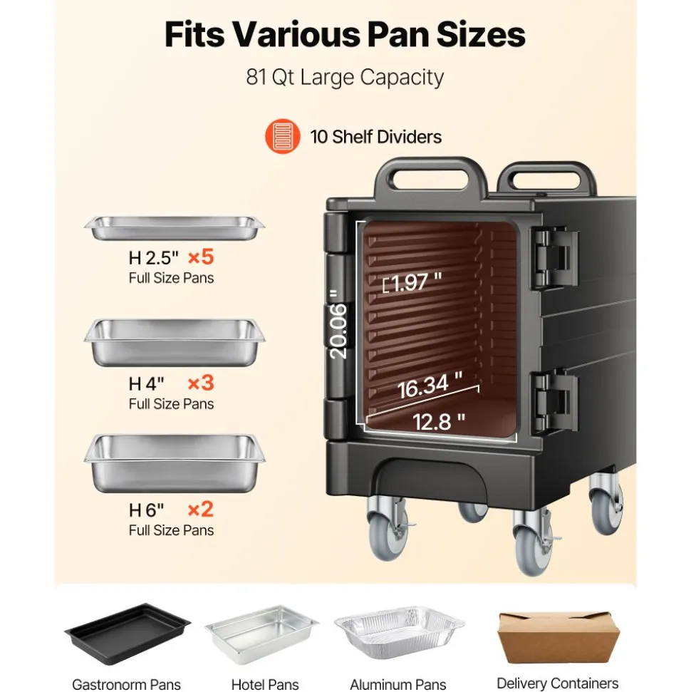 VEVOR Insulated Food Pan Carrier, 81 Qt Hot Box for Catering, Food Box Carrier with Double Buckles, Front Loading Food Warmer with Handles, Stackable End Loader with Wheels for Restaurant, Canteen