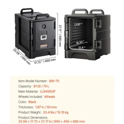 VEVOR Insulated Food Pan Carrier, 81 Qt Hot Box for Catering, Food Box Carrier with Double Buckles, Front Loading Food Warmer with Handles, Stackable End Loader for Restaurant, Canteen
