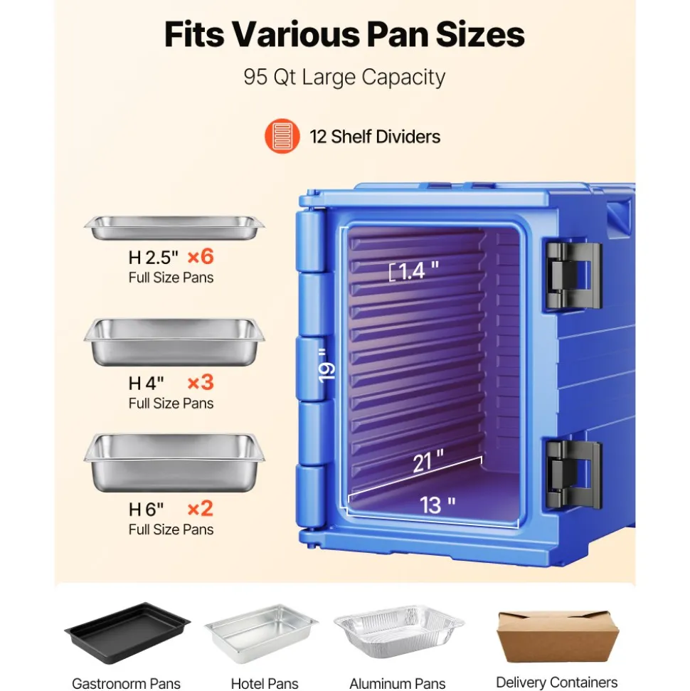 VEVOR Insulated Food Pan Carrier, 95 Qt Hot Box for Catering, Food Box Carrier with Double Buckles, Front Loading Food Warmer with Handles, Stackable End Loader for Restaurant, Canteen