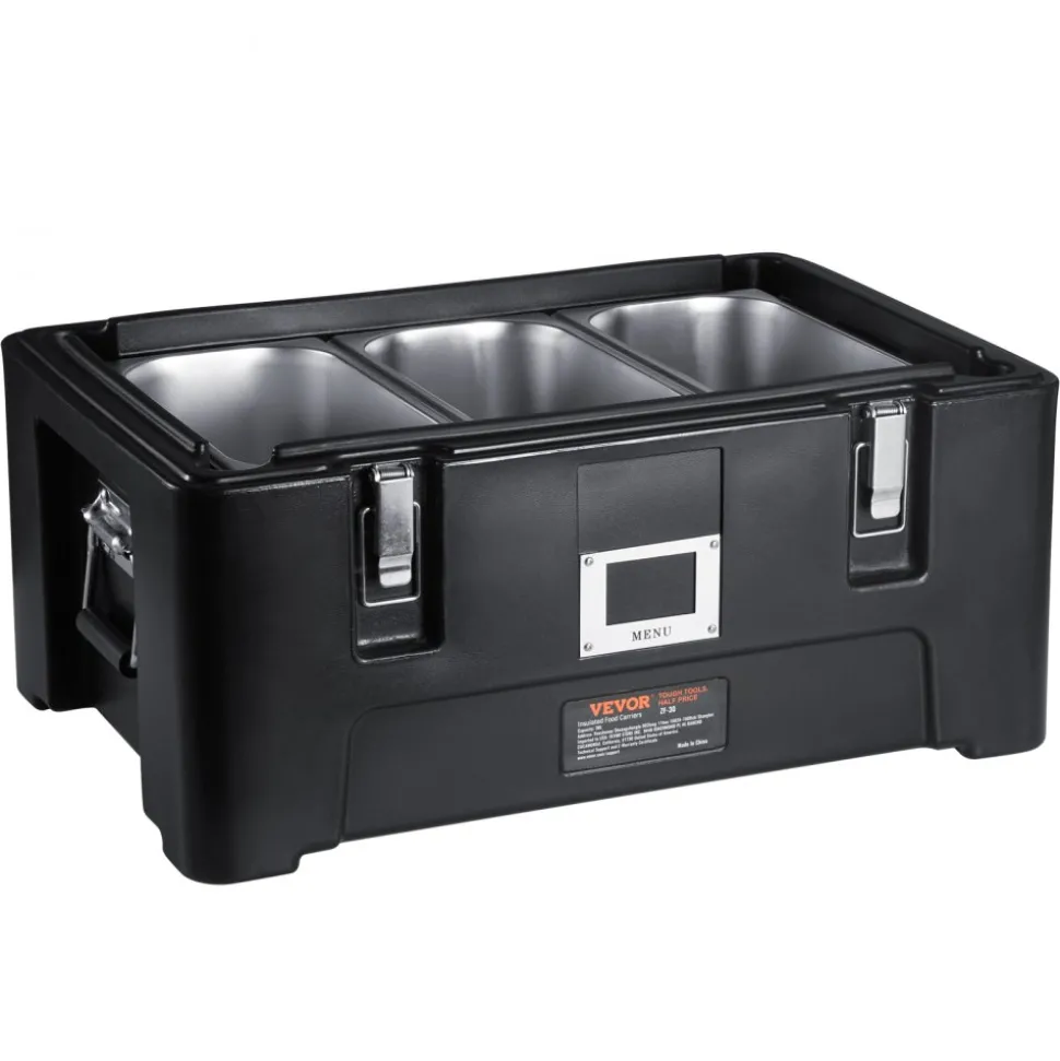 VEVOR Insulated Food Pan Carrier, 36Qt Capacity, Stackable Catering Hot Box with 3 Stainless Steel Pans, Top Load LLDPE Food Warmer with Elastic Side Handles and Buckles, for Restaurant Canteen, Black