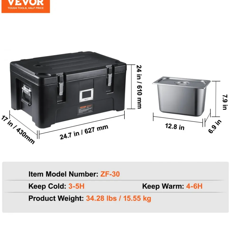 VEVOR Insulated Food Pan Carrier, 36Qt Capacity, Stackable Catering Hot Box with 3 Stainless Steel Pans, Top Load LLDPE Food Warmer with Elastic Side Handles and Buckles, for Restaurant Canteen, Black