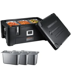 VEVOR Insulated Food Pan Carrier, 36Qt Capacity, Stackable Catering Hot Box with 3 Stainless Steel Pans, Top Load LLDPE Food Warmer with Elastic Side Handles and Buckles, for Restaurant Canteen, Black