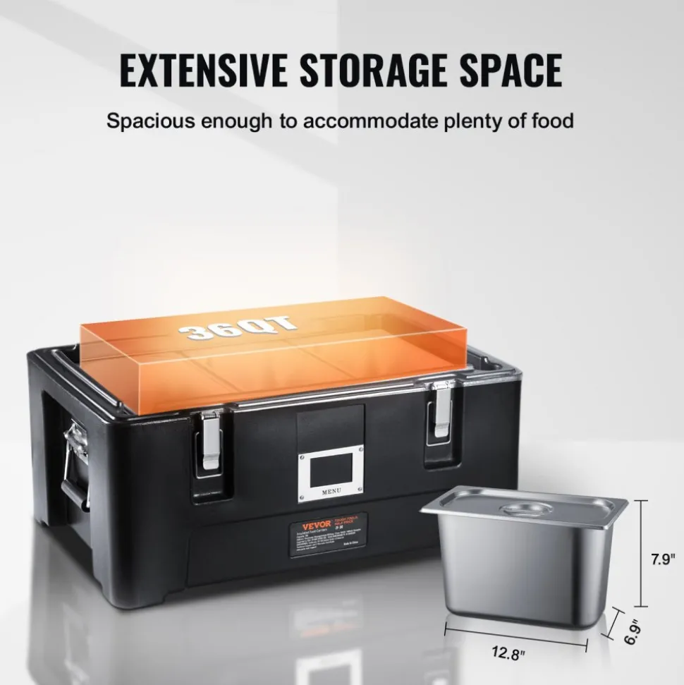 VEVOR Insulated Food Pan Carrier, 36Qt Capacity, Stackable Catering Hot Box with 3 Stainless Steel Pans, Top Load LLDPE Food Warmer with Elastic Side Handles and Buckles, for Restaurant Canteen, Black
