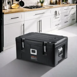 VEVOR Insulated Food Pan Carrier, 36Qt Capacity, Stackable Catering Hot Box with 3 Stainless Steel Pans, Top Load LLDPE Food Warmer with Elastic Side Handles and Buckles, for Restaurant Canteen, Black