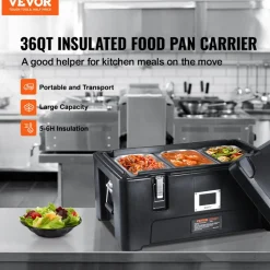 VEVOR Insulated Food Pan Carrier, 36Qt Capacity, Stackable Catering Hot Box with 3 Stainless Steel Pans, Top Load LLDPE Food Warmer with Elastic Side Handles and Buckles, for Restaurant Canteen, Black
