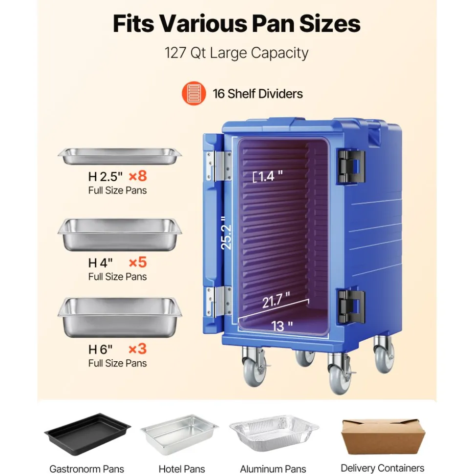 VEVOR Insulated Food Pan Carrier, 95 Qt Hot Box for Catering, Food Box Carrier with Buckle, Front Loading Food Warmer with Handles, End Loader with Wheels for Restaurant, Canteen