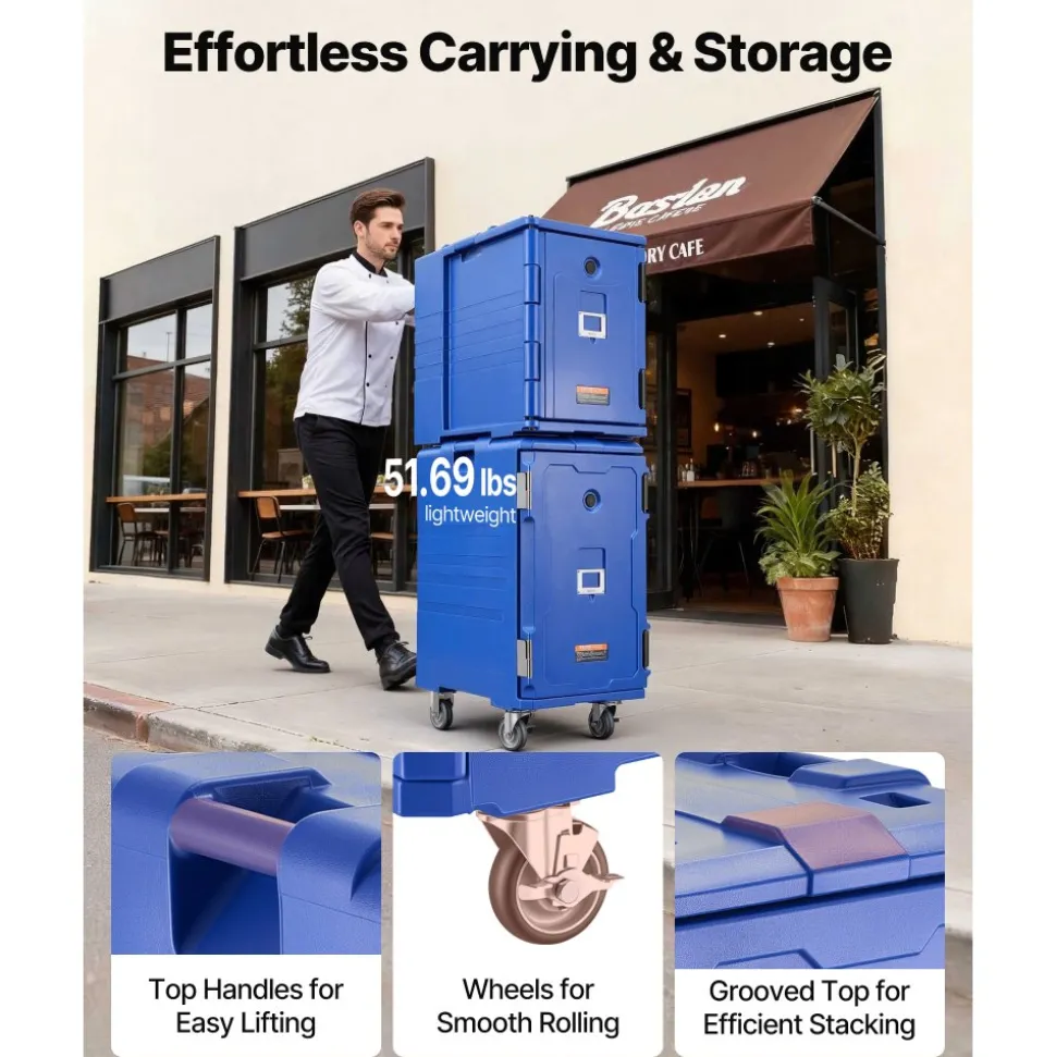 VEVOR Insulated Food Pan Carrier, 95 Qt Hot Box for Catering, Food Box Carrier with Buckle, Front Loading Food Warmer with Handles, End Loader with Wheels for Restaurant, Canteen
