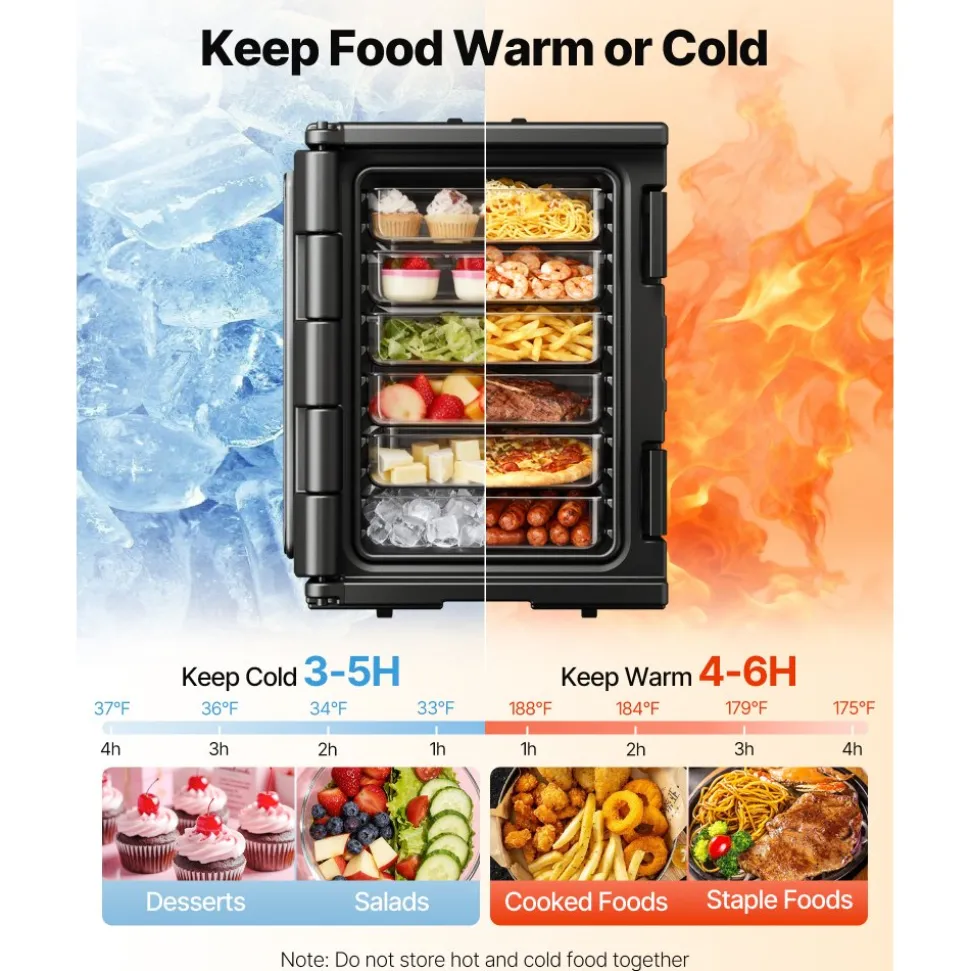 VEVOR Insulated Food Pan Carrier, 82 Qt Hot Box for Catering, LLDPE Food Box Carrier with Double Buckles, Front Loading Food Warmer with Handles, Stackable End Loader for Restaurant, Canteen, etc. Bla