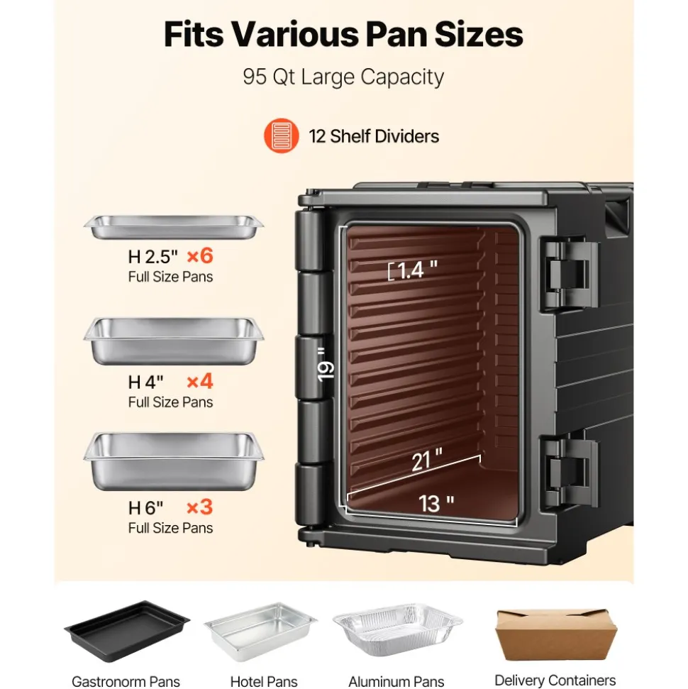 VEVOR Insulated Food Pan Carrier, 82 Qt Hot Box for Catering, LLDPE Food Box Carrier with Double Buckles, Front Loading Food Warmer with Handles, Stackable End Loader for Restaurant, Canteen, etc. Bla