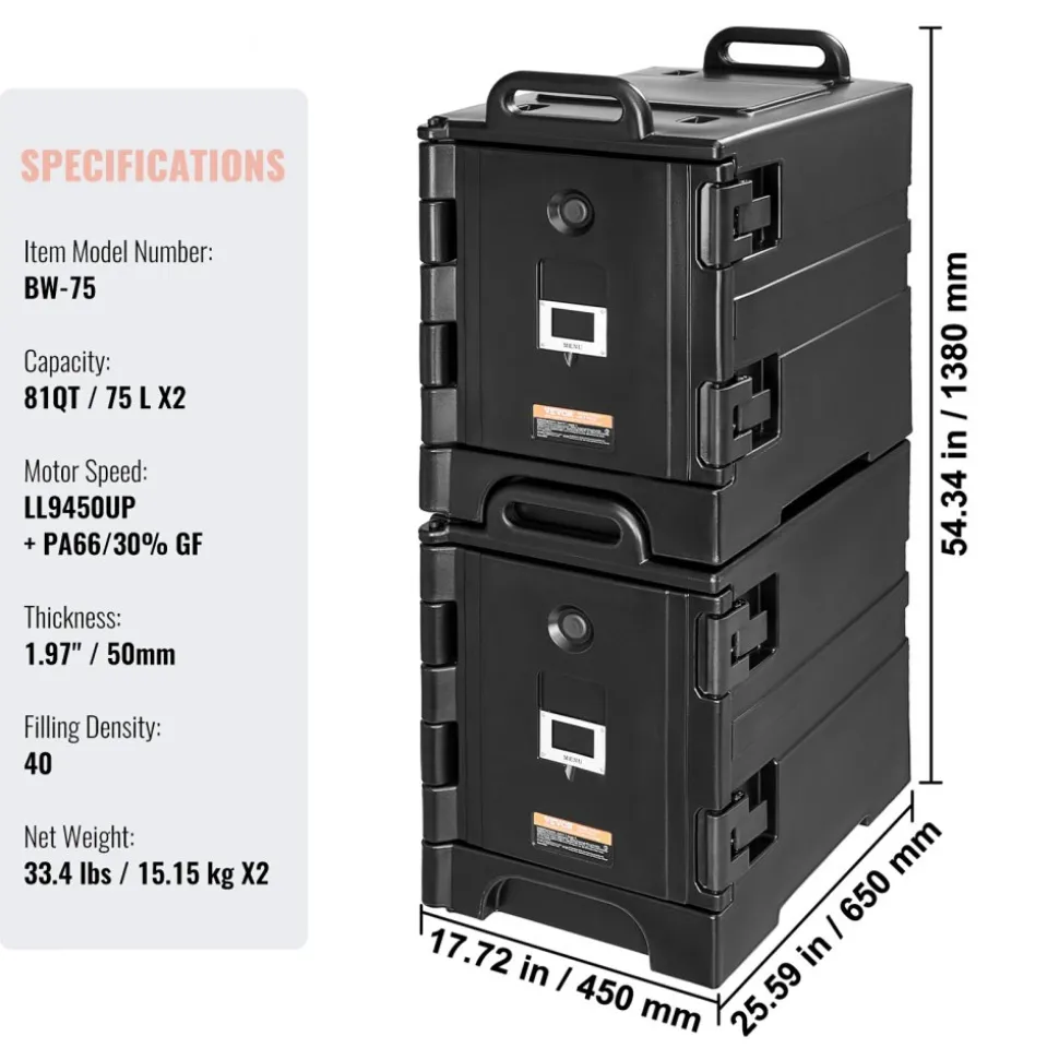 VEVOR Insulated Food Pan Carrier, 82 Qt Hot Box for Catering, LLDPE Food Box Carrier with One-Piece Buckle, Front Loading Food Warmer with Handles, End Loader with Wheels for Restaurant, Canteen, etc.