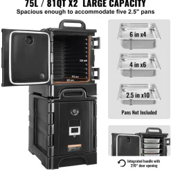 VEVOR Insulated Food Pan Carrier, 82 Qt Hot Box for Catering, LLDPE Food Box Carrier with One-Piece Buckle, Front Loading Food Warmer with Handles, End Loader with Wheels for Restaurant, Canteen, etc.