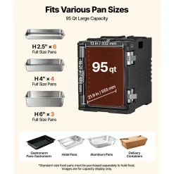 VEVOR Insulated Food Pan Carrier, 95 Qt Non-Electrical Food Warmer, with Wheel & 304 Stainless Steel Latch, LLDPE Stackable Hot Box, for Various Pan Sizes(NOT Included), Fit Catering BBQ Event(Black)