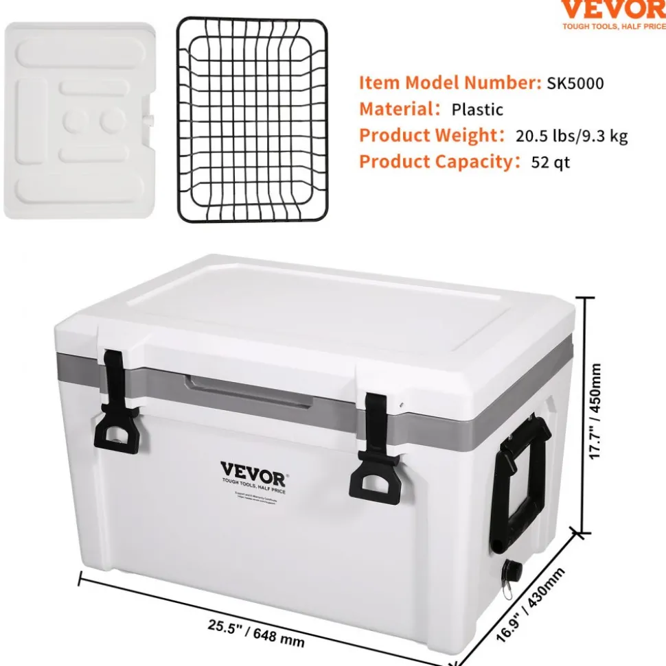 VEVOR Insulated Portable Cooler, 52 qt, Holds 50 Cans, Ice Retention Hard Cooler with Heavy Duty Handle, Ice Chest Lunch Box for Camping, Beach, Picnic, Travel, Outdoor, Keeps Ice for up to 6 Days