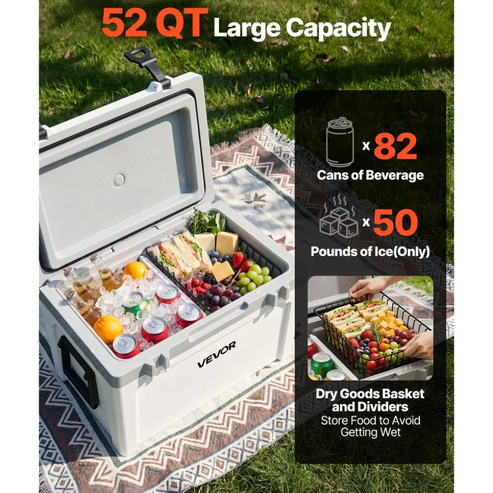 VEVOR Insulated Portable Cooler, 52 qt, Holds 50 Cans, Ice Retention Hard Cooler with Heavy Duty Handle, Ice Chest Lunch Box for Camping, Beach, Picnic, Travel, Outdoor, Keeps Ice for up to 6 Days