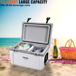 VEVOR Insulated Portable Cooler, 52 qt, Holds 50 Cans, Ice Retention Hard Cooler with Heavy Duty Handle, Ice Chest Lunch Box for Camping, Beach, Picnic, Travel, Outdoor, Keeps Ice for up to 6 Days