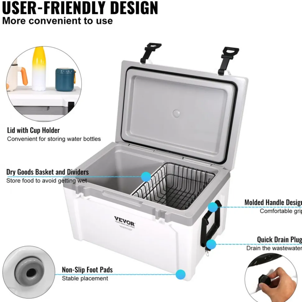 VEVOR Insulated Portable Cooler, 52 qt, Holds 50 Cans, Ice Retention Hard Cooler with Heavy Duty Handle, Ice Chest Lunch Box for Camping, Beach, Picnic, Travel, Outdoor, Keeps Ice for up to 6 Days