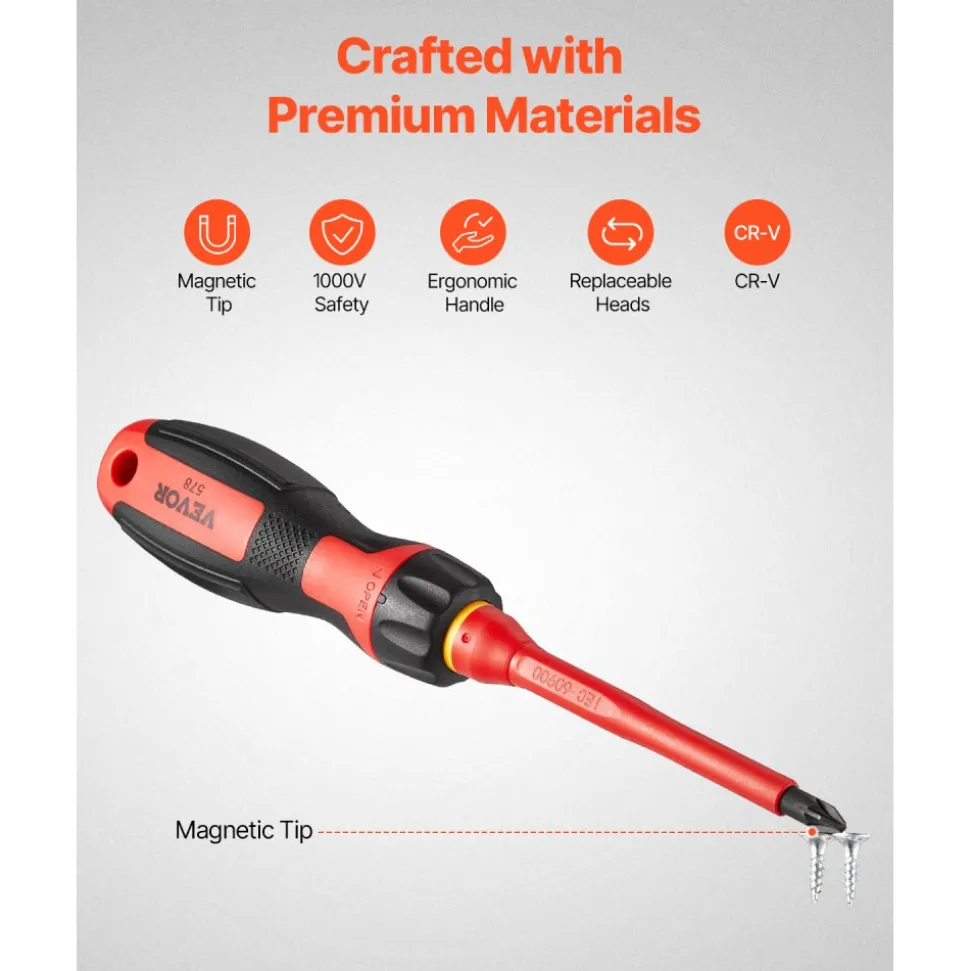 VEVOR Insulated Screwdriver Set, 13-Piece Professional Electrical Screwdriver Set, 1000V Insulated Electrician Tool Set, with Magnetic Phillips Slotted Pozi Torx Tips, Screwdrivers, for Electricians