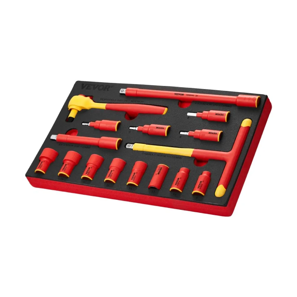 VEVOR Insulated Socket Set, 16-Piece Insulated Wrench Tool Set, 1000V Insulated Socket Tool, with Insulated Sockets, Insulated T-Handle Wrench, Drive Rachet, Extensions, for Electricians Home Repair