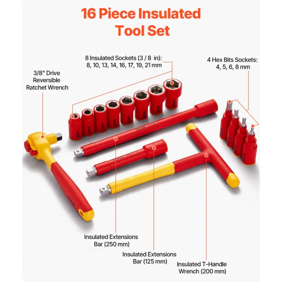 VEVOR Insulated Socket Set, 16-Piece Insulated Wrench Tool Set, 1000V Insulated Socket Tool, with Insulated Sockets, Insulated T-Handle Wrench, Drive Rachet, Extensions, for Electricians Home Repair