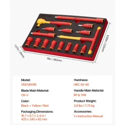 VEVOR Insulated Socket Set, 16-Piece Insulated Wrench Tool Set, 1000V Insulated Socket Tool, with Insulated Sockets, Insulated T-Handle Wrench, Drive Rachet, Extensions, for Electricians Home Repair