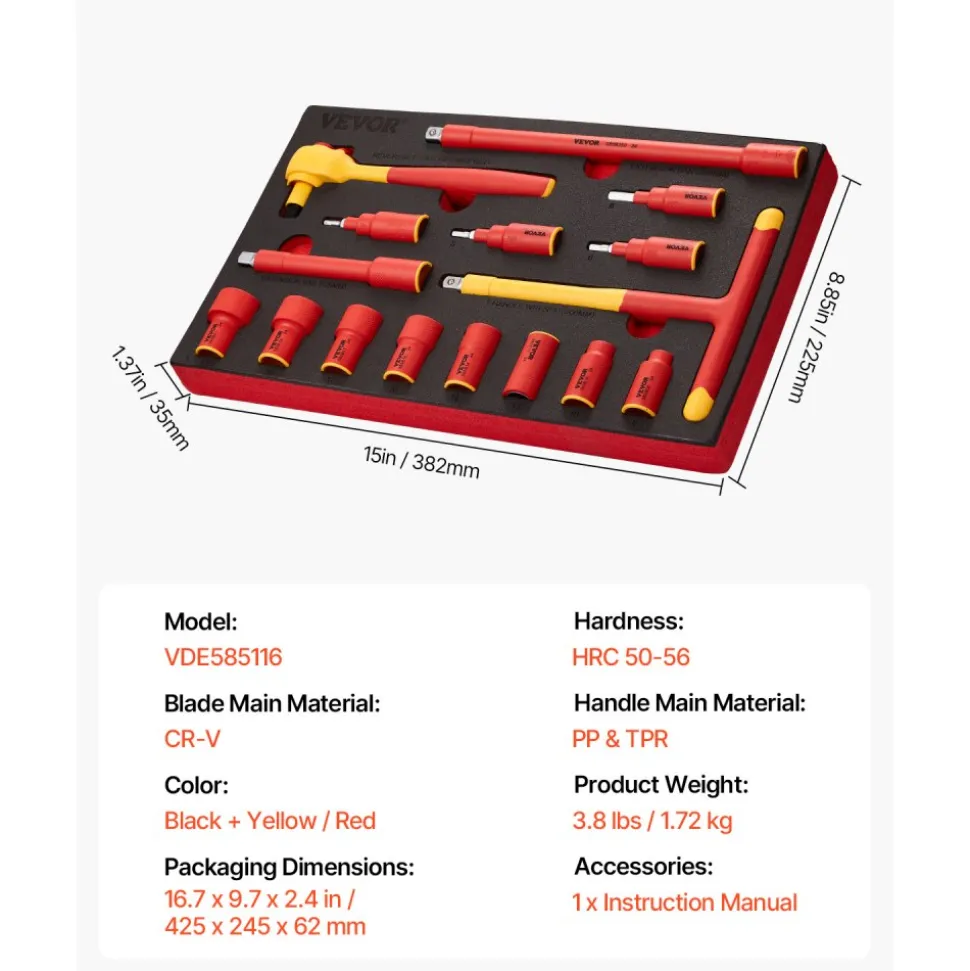 VEVOR Insulated Socket Set, 16-Piece Insulated Wrench Tool Set, 1000V Insulated Socket Tool, with Insulated Sockets, Insulated T-Handle Wrench, Drive Rachet, Extensions, for Electricians Home Repair