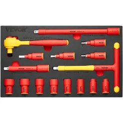 VEVOR Insulated Socket Set, 16-Piece Insulated Wrench Tool Set, 1000V Insulated Socket Tool, with Insulated Sockets, Insulated T-Handle Wrench, Drive Rachet, Extensions, for Electricians Home Repair